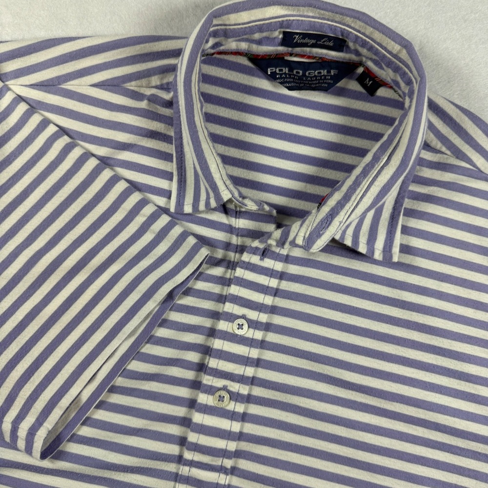 Polo Golf Ralph Lauren Vintage Lisle Stripe Polo Shirt Mens Medium Purple White